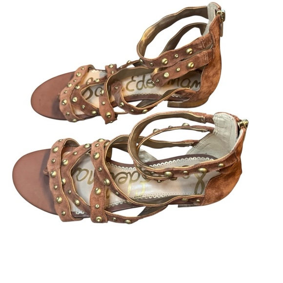 Sam Edelman Daya Beige Tan Studded Leather Suede Gladiator Flat Sandals Size-9 - Picture 3 of 8